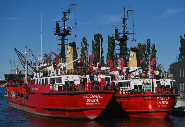 View of the vessel ECOMAL (IMO: 8026440) and Palica (IMO: 7704057), two bunkering tankers, moored in Port of Gdansk, is seen from mainmast of the Black Pearl, that ferry people back and forth between Gdansk waterfront and Westerplatte.
On Sunday, September 04, 2022, in Gdansk,  Pomeranian Voivodeship, Poland. (Photo by Artur Widak/NurPhoto via Getty Images)